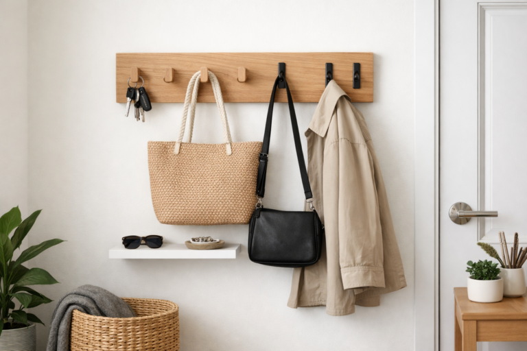 Painel de ganchos minimalista para hall de entrada compacto
