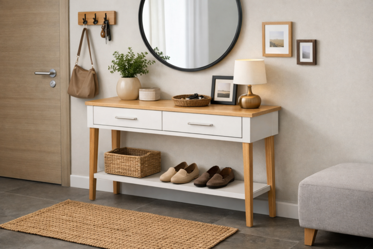 Aparador estreito com gavetas para entrada de apartamento