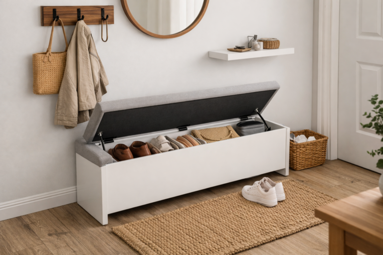 Banco baú estreito para entrada de apartamento pequeno