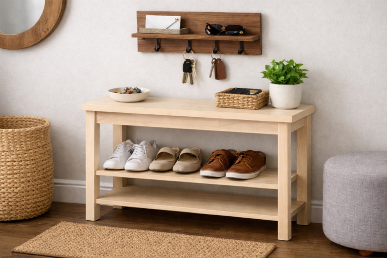 Banco estreito para calçar sapatos em entrada pequena