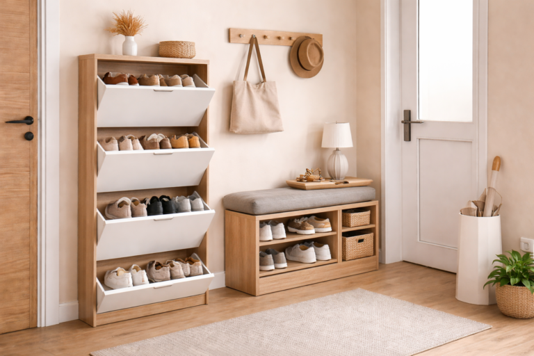 Como organizar muitos sapatos em uma entrada estreita de apartamento