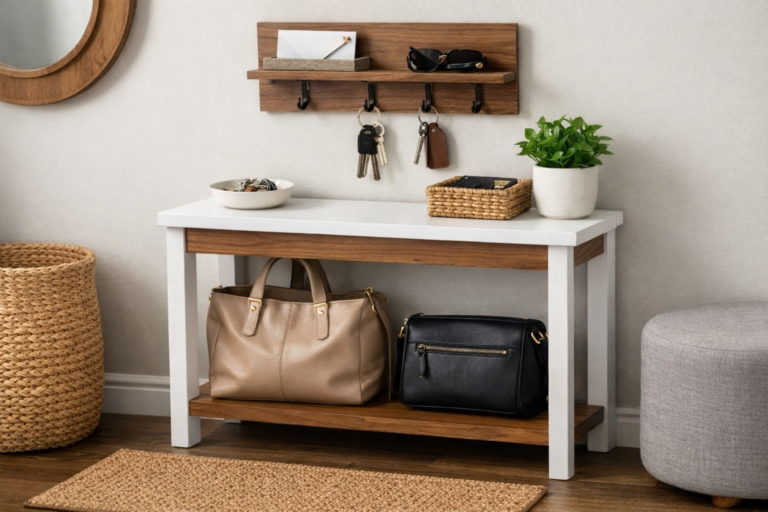 Móvel de entrada compacto com espaço para bolsas e chaves