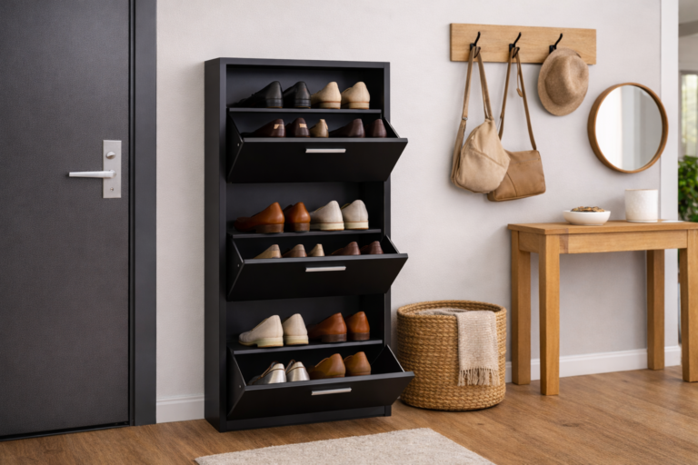 Sapateira preta minimalista para entrada de apartamento moderno