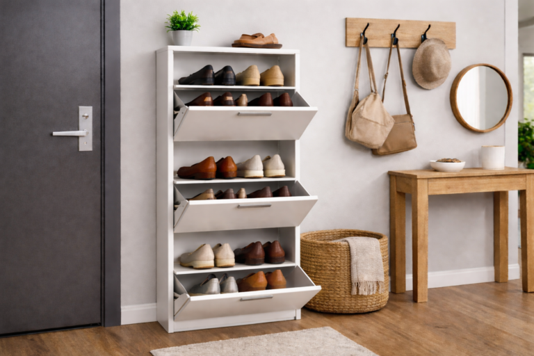 Sapateira preta minimalista para entrada de apartamento moderno