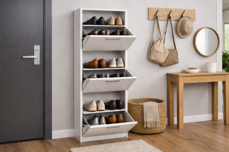 Sapateira slim com portas basculantes para hall de entrada compacto