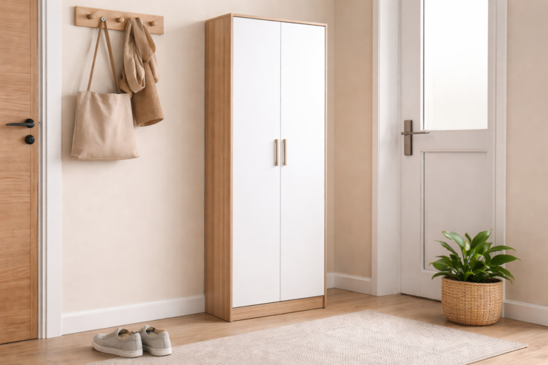 Sapateira vertical fechada para entrada pequena sem bagunça visual